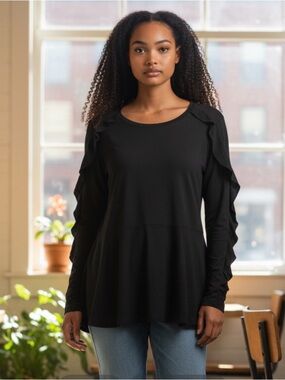IZAAC  MIZZARI  LIVE Black Ruffle Sleeve Long Sleeve Top